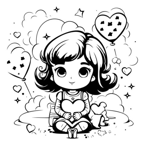 Cute little girl with a heart in her hands. Vector illustration.