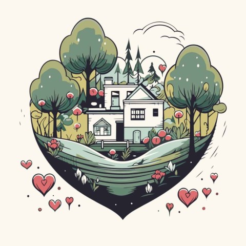 Vector illustration of a heart-shaped house surrounded by trees