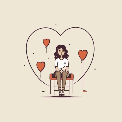 Vector illustration of a girl sitting on a bench in a heart shap