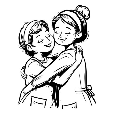 Mother and daughter hugging. Vector illustration in black and wh