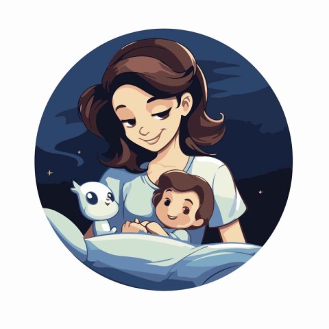 Mother and baby in bed. Vector illustration in a cartoon style.