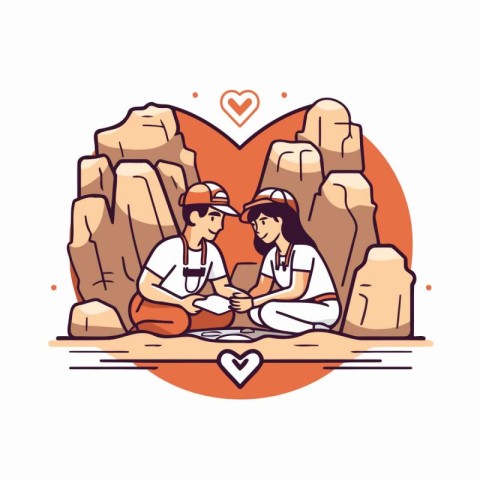 Couple in love sitting on the rocks and drinking coffee. Vector