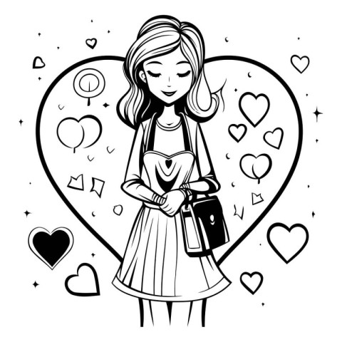 Beautiful girl with handbag and hearts. Black and white vector i