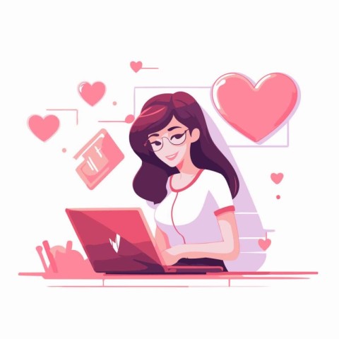 Young woman using laptop at home. Vector illustration in cartoon