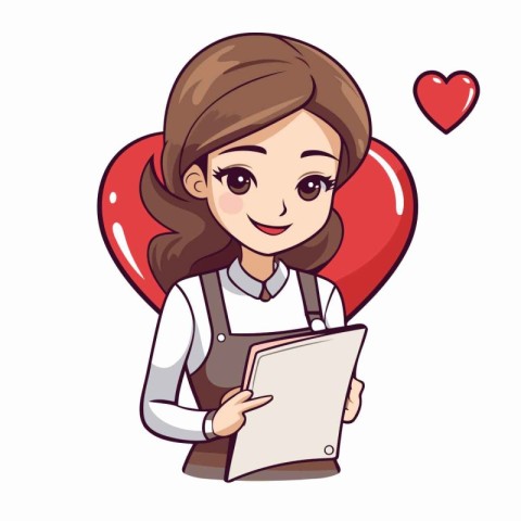 Cute girl with a folder and a heart. Vector illustration.