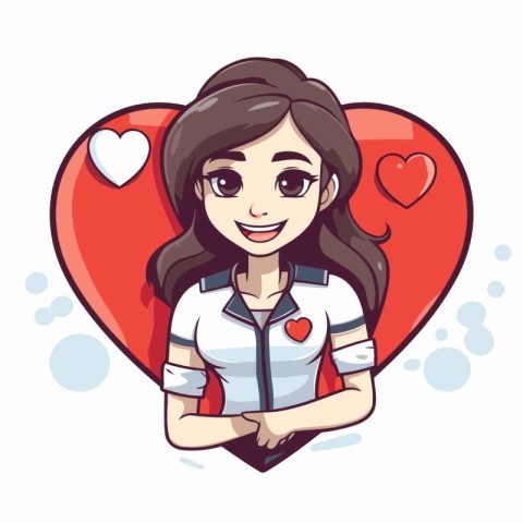 Cute cartoon girl with heart in her hand. Vector illustration.