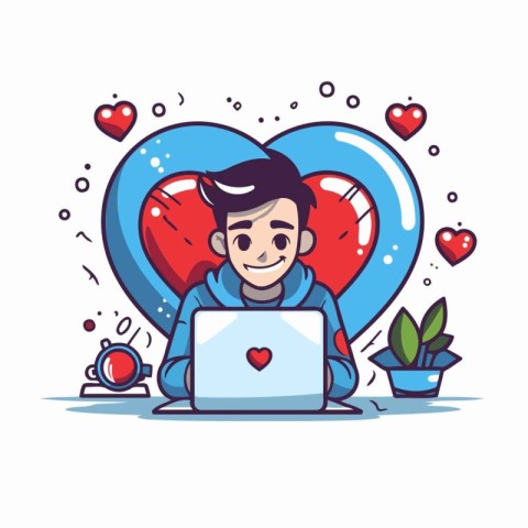 Man with laptop and hearts. Vector illustration in line art styl