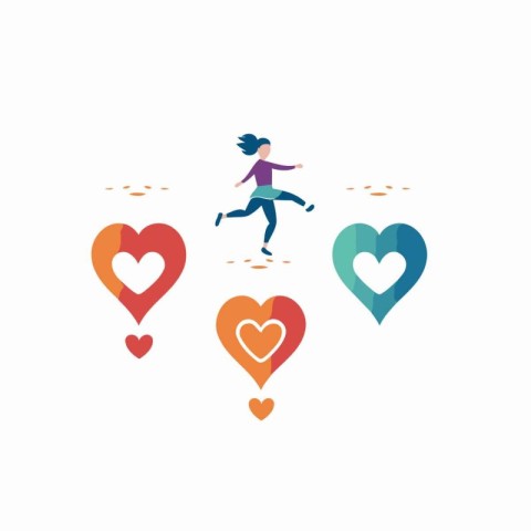 Running girl with hearts. Vector illustration in flat style on w