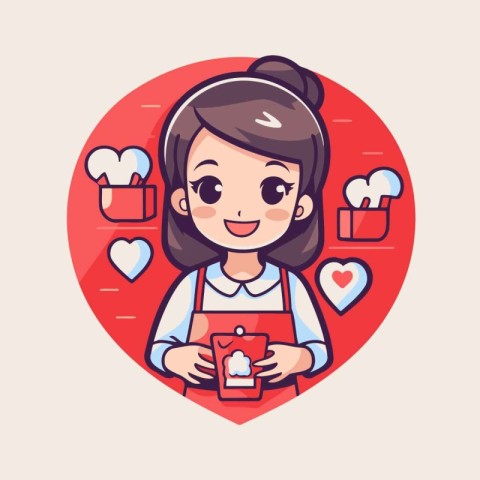 Girl holding a gift box in the shape of a heart. vector illustra