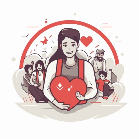 Vector illustration of a young man holding a red heart in his ha