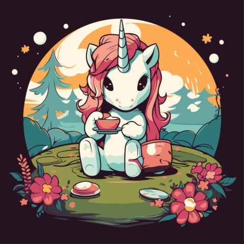 Cute cartoon unicorn sitting on the grass with cup of coffee.