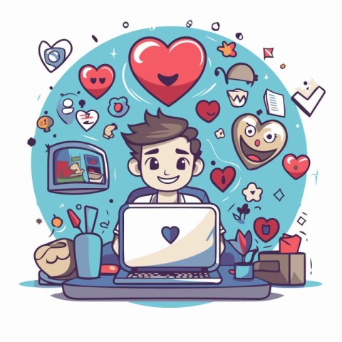 Cute boy with laptop and social media icons. Vector illustration