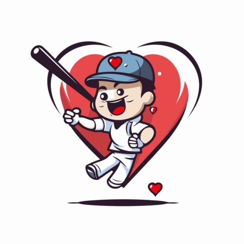 Vector illustration of cartoon baseball player with bat and hear