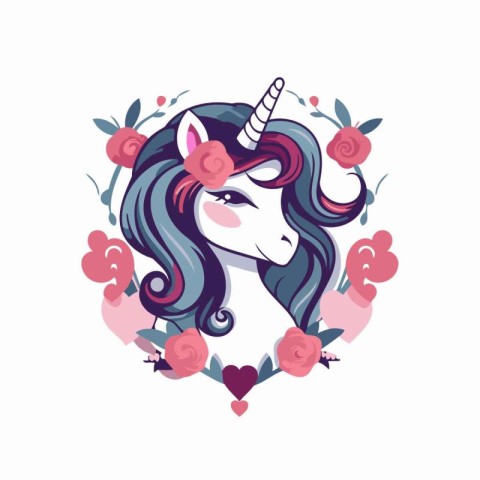 Unicorn head with flowers and heart. Vector illustration in cart