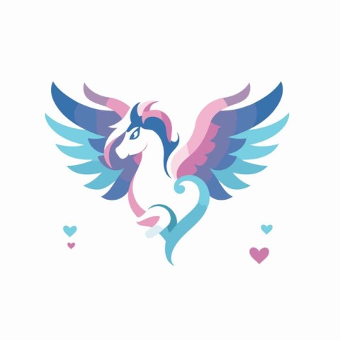 Unicorn with wings and hearts. Vector illustration in flat style