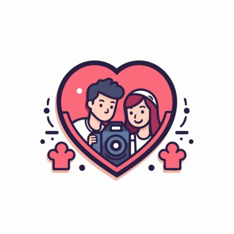 Couple in love with camera in heart shape. Vector illustration.