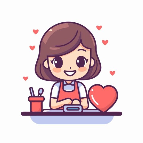 Cute girl using tablet computer. Vector flat cartoon character i