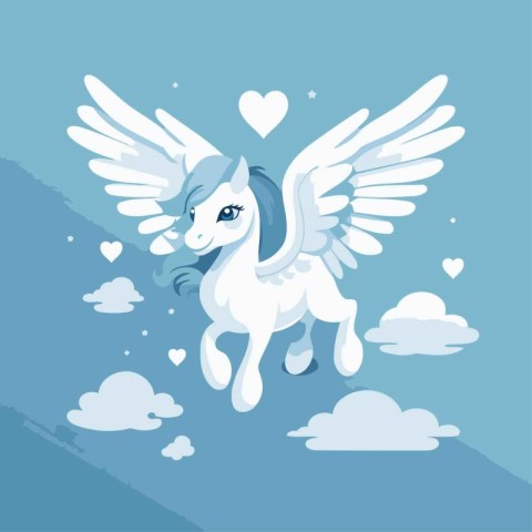 Pegasus with wings and hearts. Vector illustration in flat style