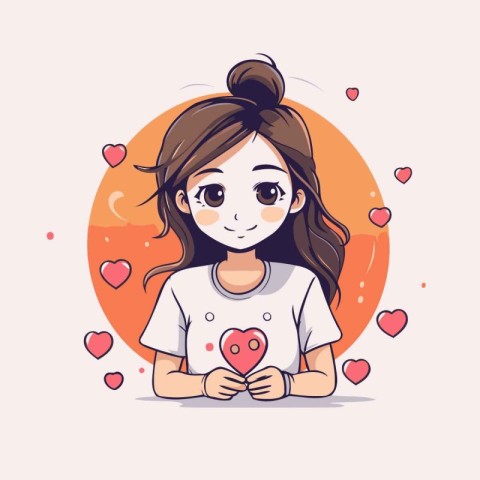 Vector illustration of a cute girl with a heart in her hands.