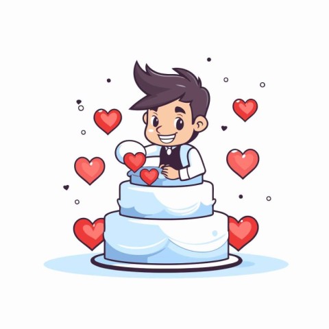 Cute cartoon boy with a big wedding cake. Vector illustration.