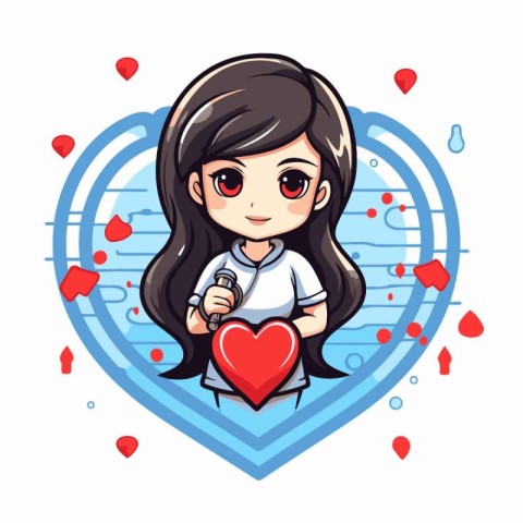 Cute girl holding microphone in heart shape. Vector cartoon illu