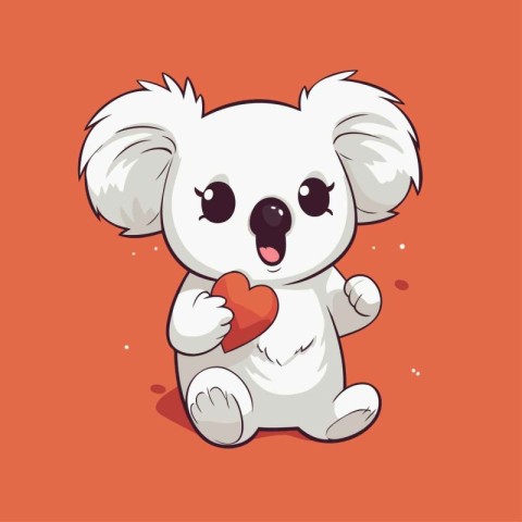 Cute koala holding a red heart on orange background. Vector illu