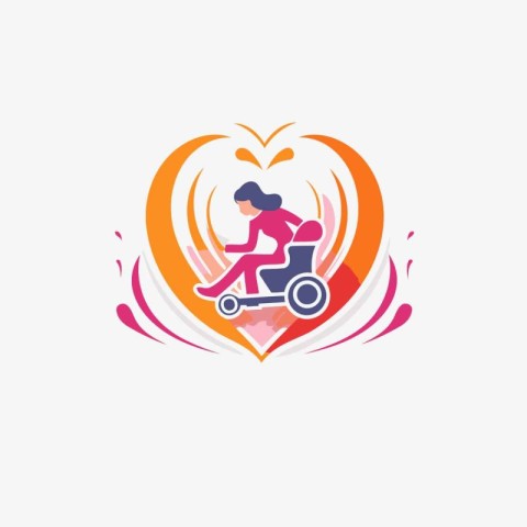 Woman riding a scooter in the heart vector logo design template.