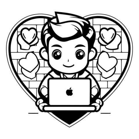 Boy with a laptop in the heart. Black and white illustration.