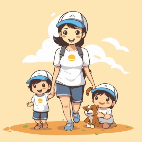 Mother and her children walking in the park. Cartoon vector illu