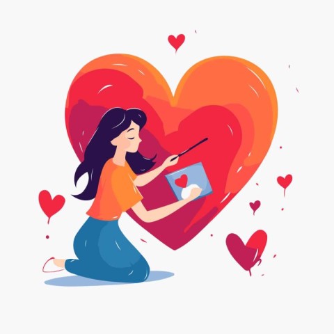 Girl with a brush paints a heart. Vector illustration in a flat