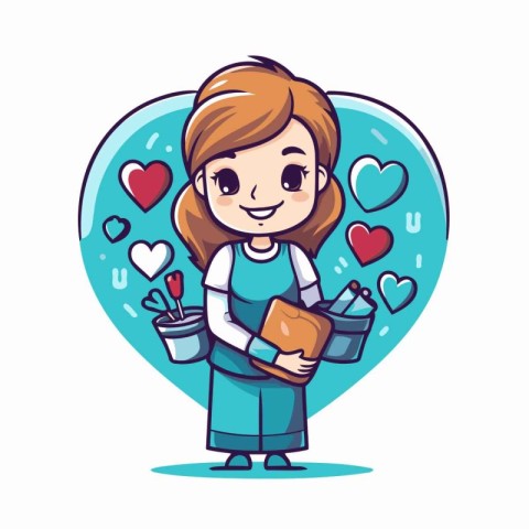 Cute girl holding a gift box. Valentine's day vector illustratio