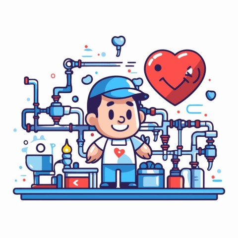 Plumber with heart. Vector flat illustration. Isolated on white