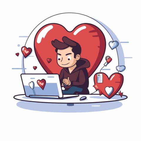 Valentine's day. Man with laptop and heart. Vector illustration.