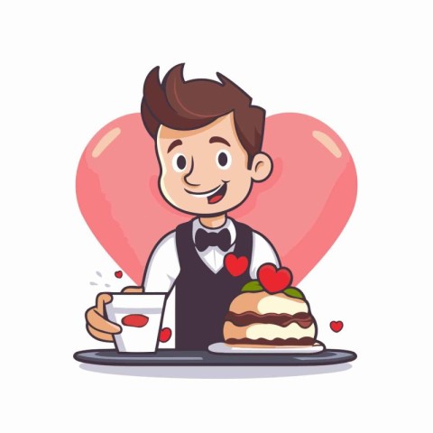 Cute waiter with a cup of coffee and a cake. Vector illustration