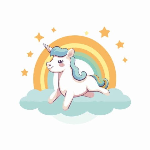 Unicorn in the clouds with rainbow. Cute cartoon vector illustra