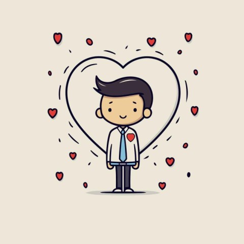 Vector illustration of a boy in a suit with a heart in the backg