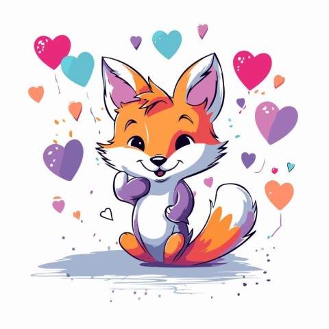 Cute cartoon fox with hearts on white background. Vector illustr