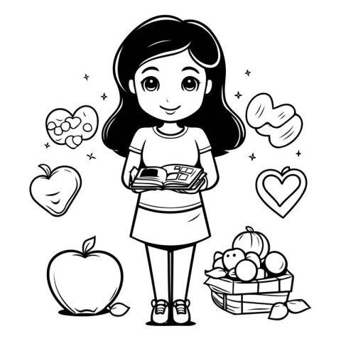 Girl reading a book. Black and white vector illustration for col