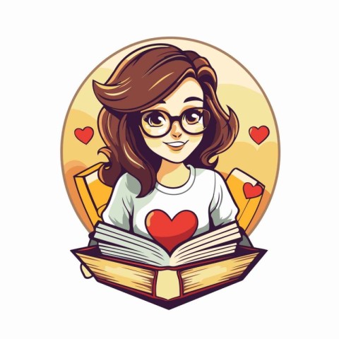 Vector illustration of a girl reading a book with a heart in the