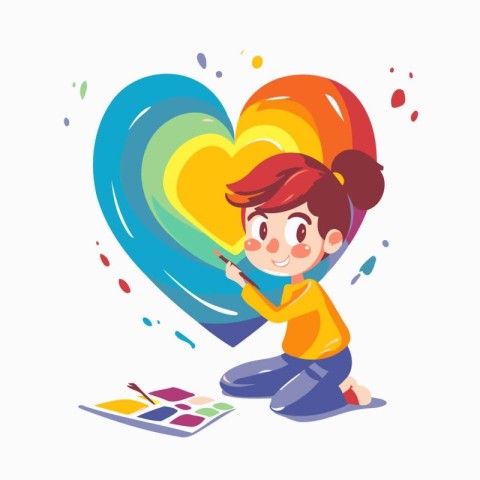 Cute little girl drawing a heart. Colorful vector illustration.