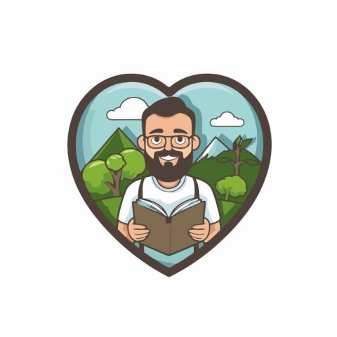 Man reading a book in the shape of a heart. Vector illustration.