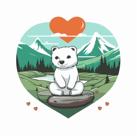 Polar bear in the mountains with a heart. Vector illustration.