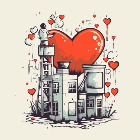 Valentine's day card with factory and heart. Vector illustration