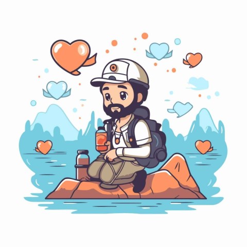 Courier with a bottle of water sitting on the rock. Vector illus