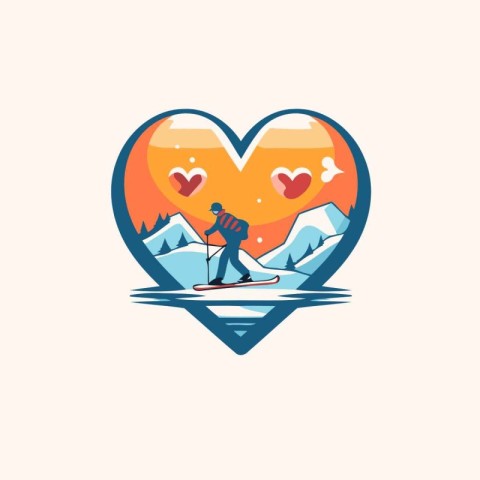 Ski and snowboard logo in heart shape. Vector illustration.