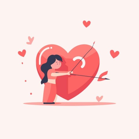 Cute girl with bow and arrow in heart shape. Vector illustration