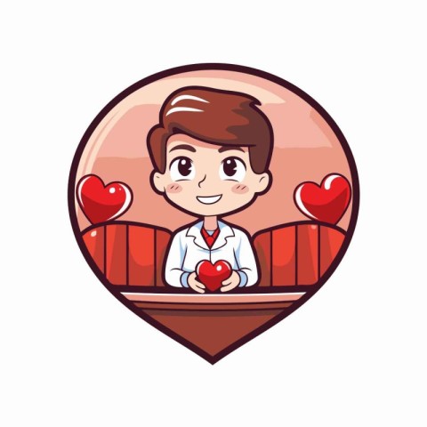 Boy doctor with red heart in the form of a heart. Vector illustr