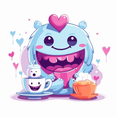 Cute cartoon monster with a cup of tea. Vector illustration.