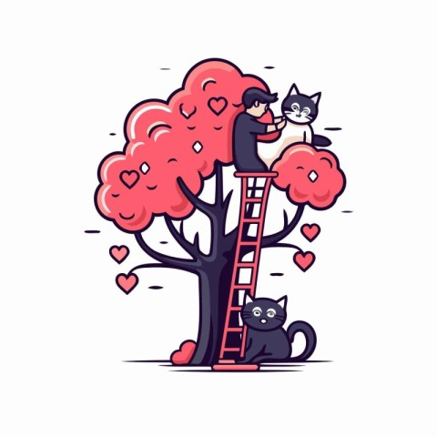 Valentine day concept. Cute cartoon black and white cats sitting