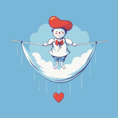 Cute cartoon boy hanging on the rope with heart. Vector illustra